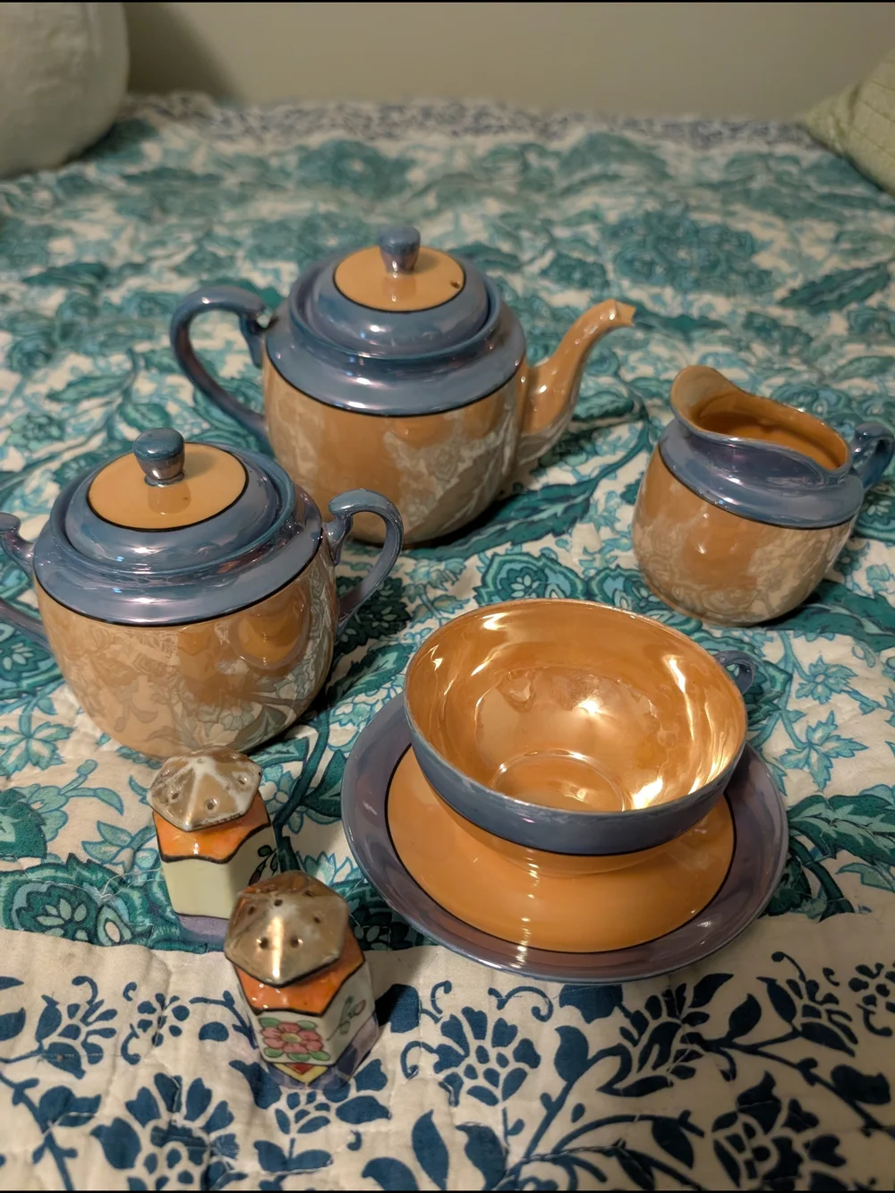 Vintage 40's Japan Blue and Gold Ceramic Tea Set